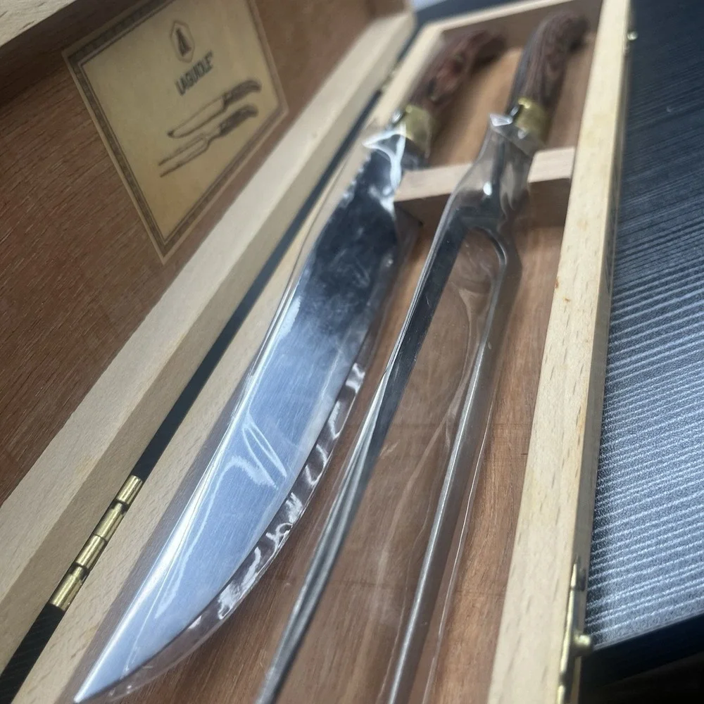 Laguiole Carving Knife & Fork Set Wood Handle Wooden Gift Box New